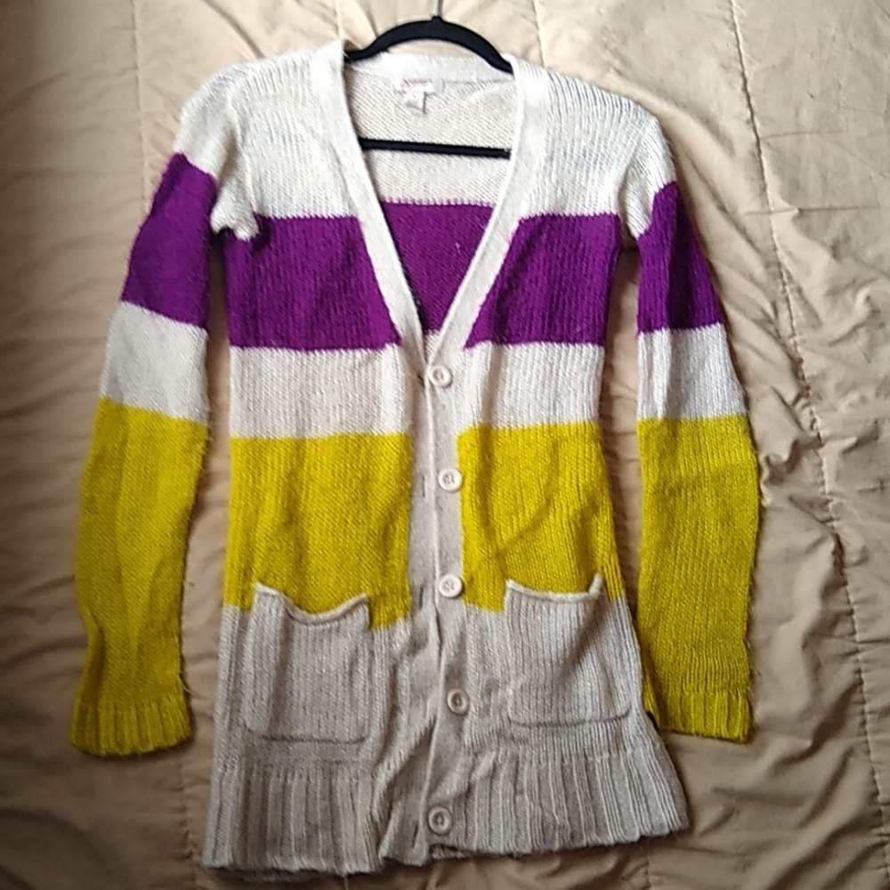 Purple, yellow, and off-white cardigan